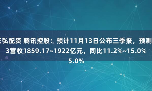 天弘配资 腾讯控股：预计11月13日公布三季报，预测Q3营收1859.17~1922亿元，同比11.2%~15.0%